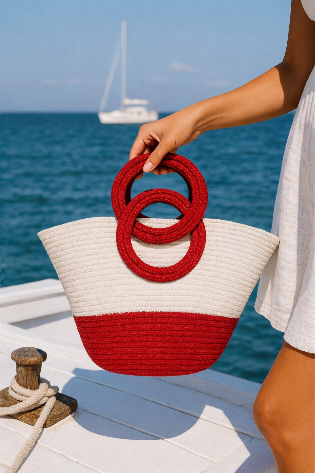 Red & Ivory Handwoven Beach Tote Bag for Women | Premium Summer Statement Handbag - Image 2