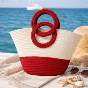Red & Ivory Handwoven Beach Tote Bag for Women | Premium Summer Statement Handbag