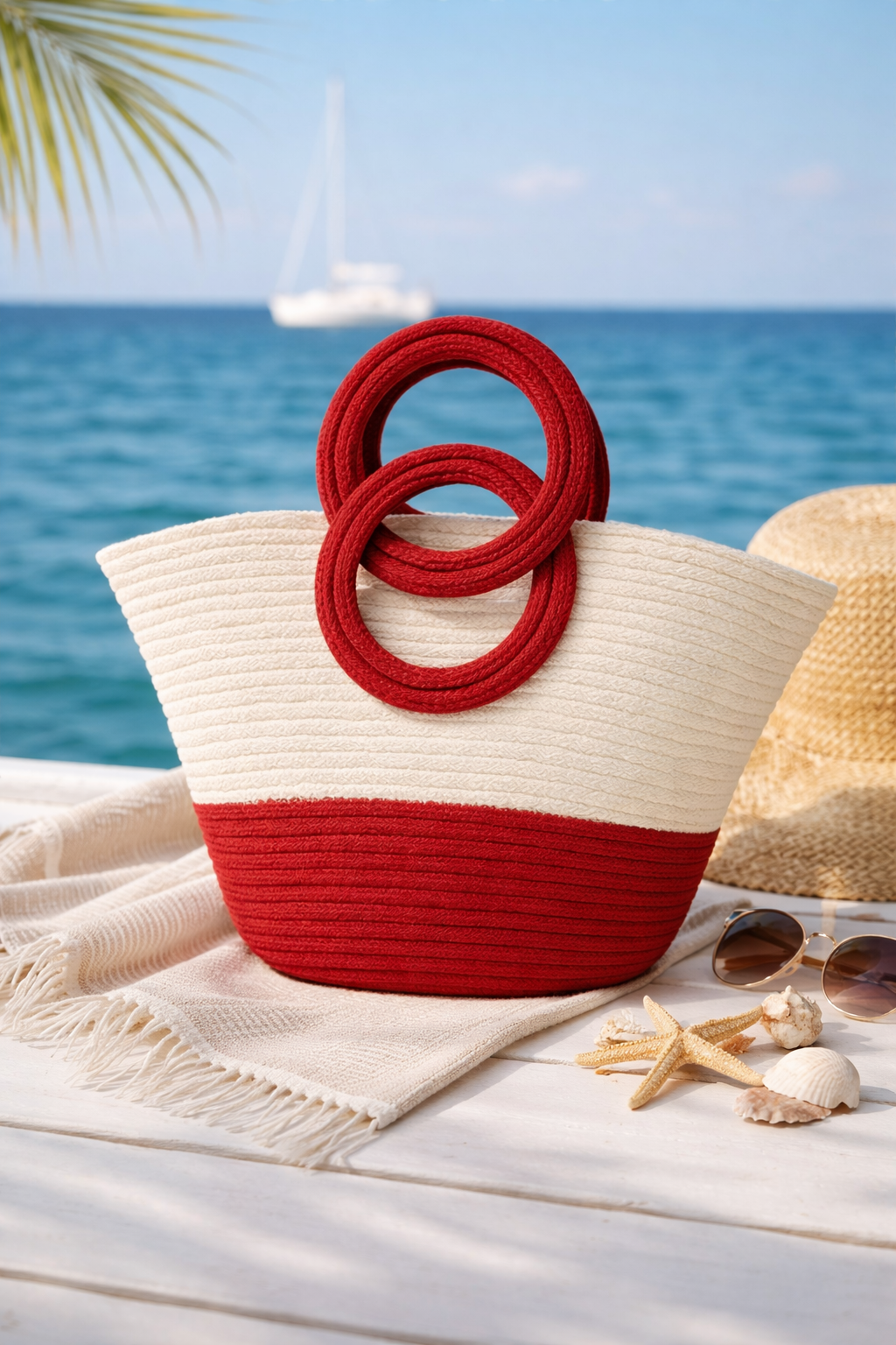 Red & Ivory Handwoven Beach Tote Bag for Women | Premium Summer Statement Handbag