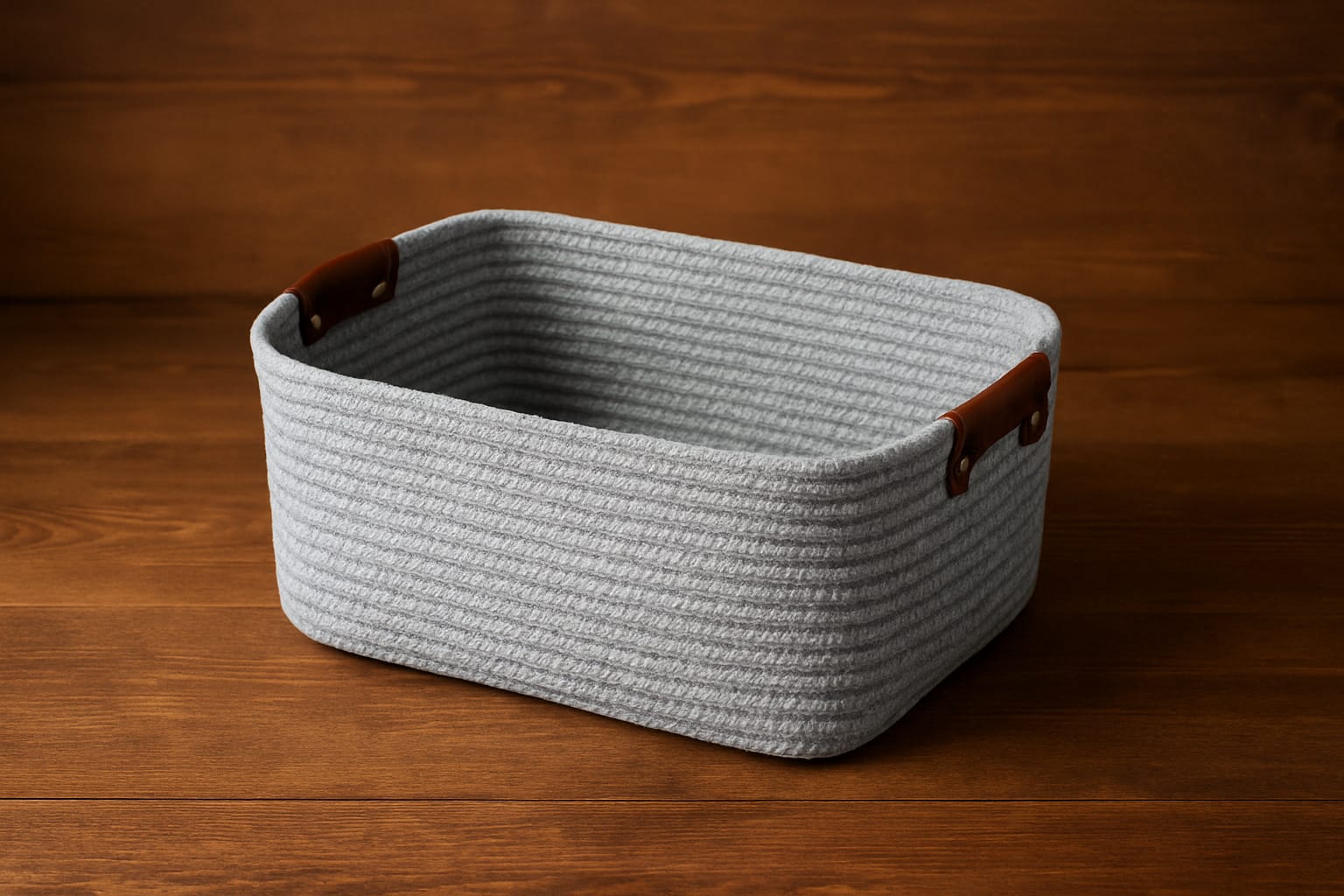 Grey Fabric Storage Basket with Leather Handles | Multipurpose Organizer for Home & Office - Image 2