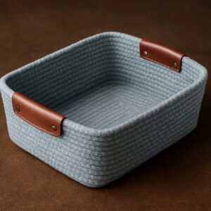 Grey Fabric Storage Basket with Leather Handles | Multipurpose Organizer for Home & Office