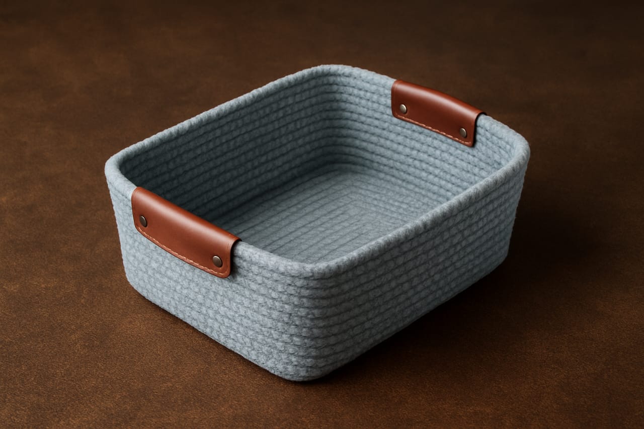 Grey Fabric Storage Basket with Leather Handles | Multipurpose Organizer for Home & Office