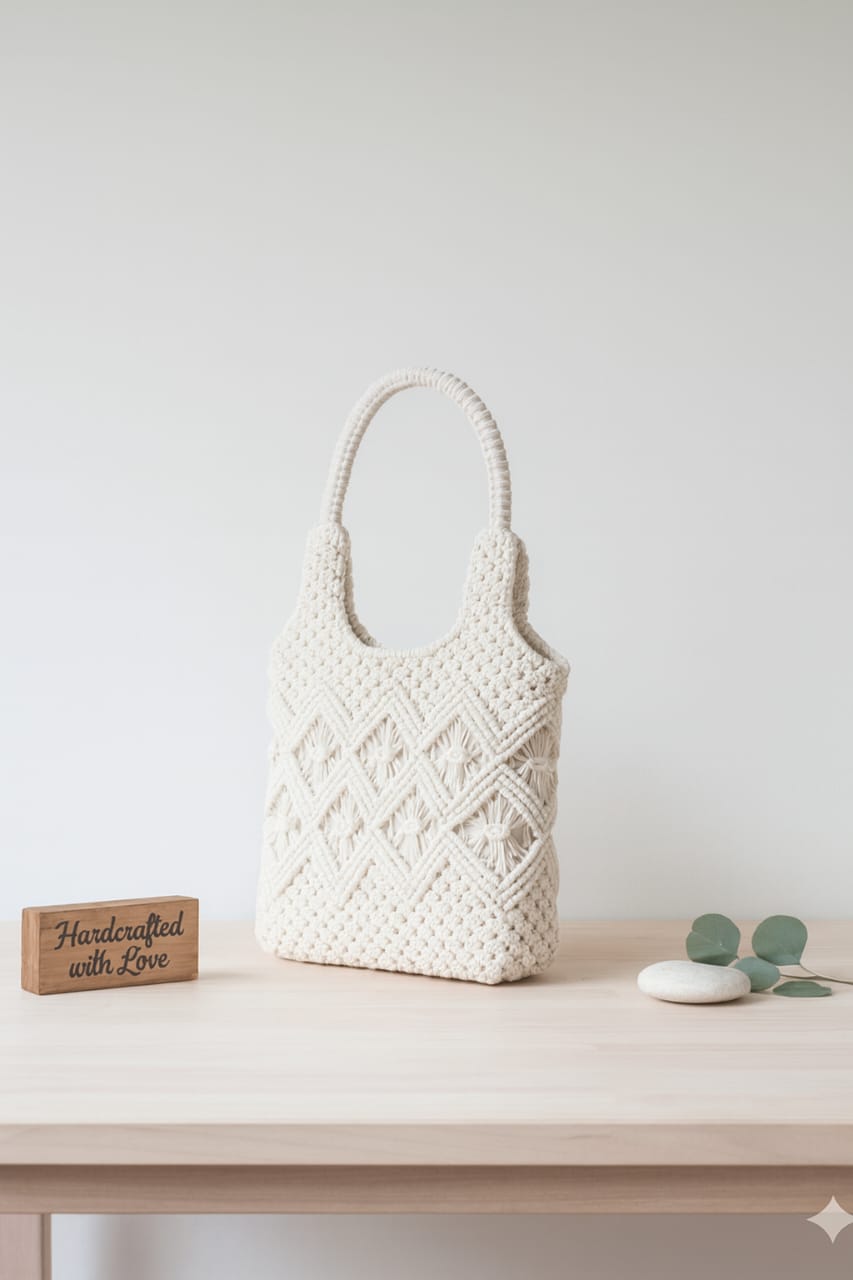 Handmade Macramé Tote Bag for Women | Eco-Friendly Cotton Shoulder Bag | Minimal Boho Style