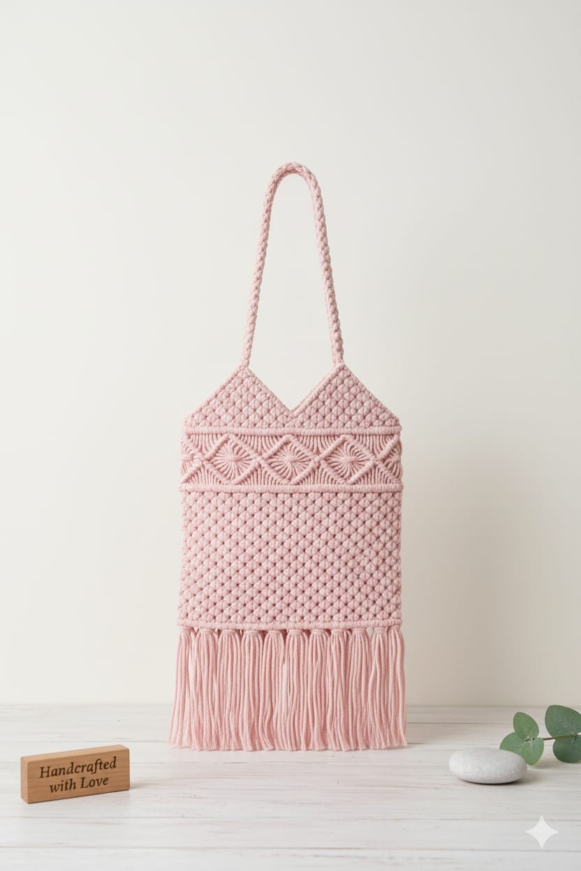 Blush Pink Handmade Macramé Sling Bag for Women | Boho Fringe Cotton Shoulder Bag