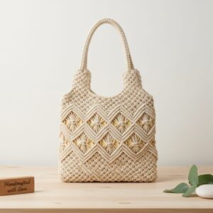 Handmade Natural Macramé Tote Bag for Women | Eco-Friendly Cotton Handbag with Artisan Design