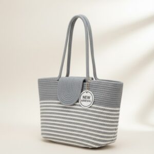 Grey Handwoven Cotton Tote Bag for Women | Minimal Striped Eco-Friendly Shoulder Bag