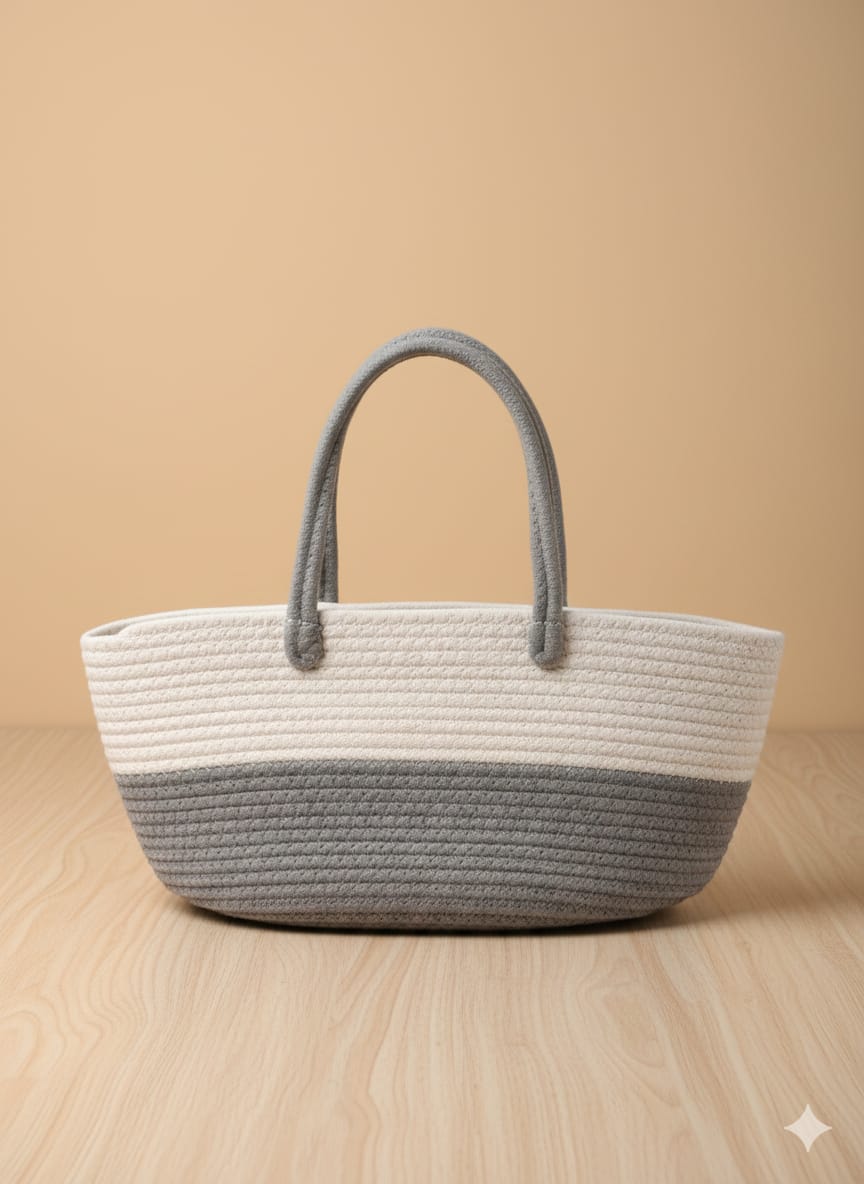 Ash Grey & white Handmade Jute Storage Basket